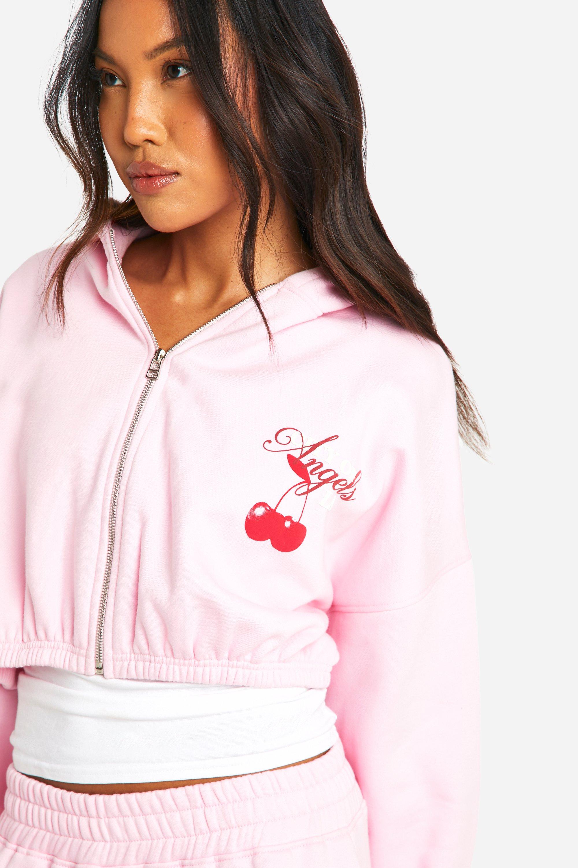 Cherry Print Zip Through Boxy Crop Hoodie
